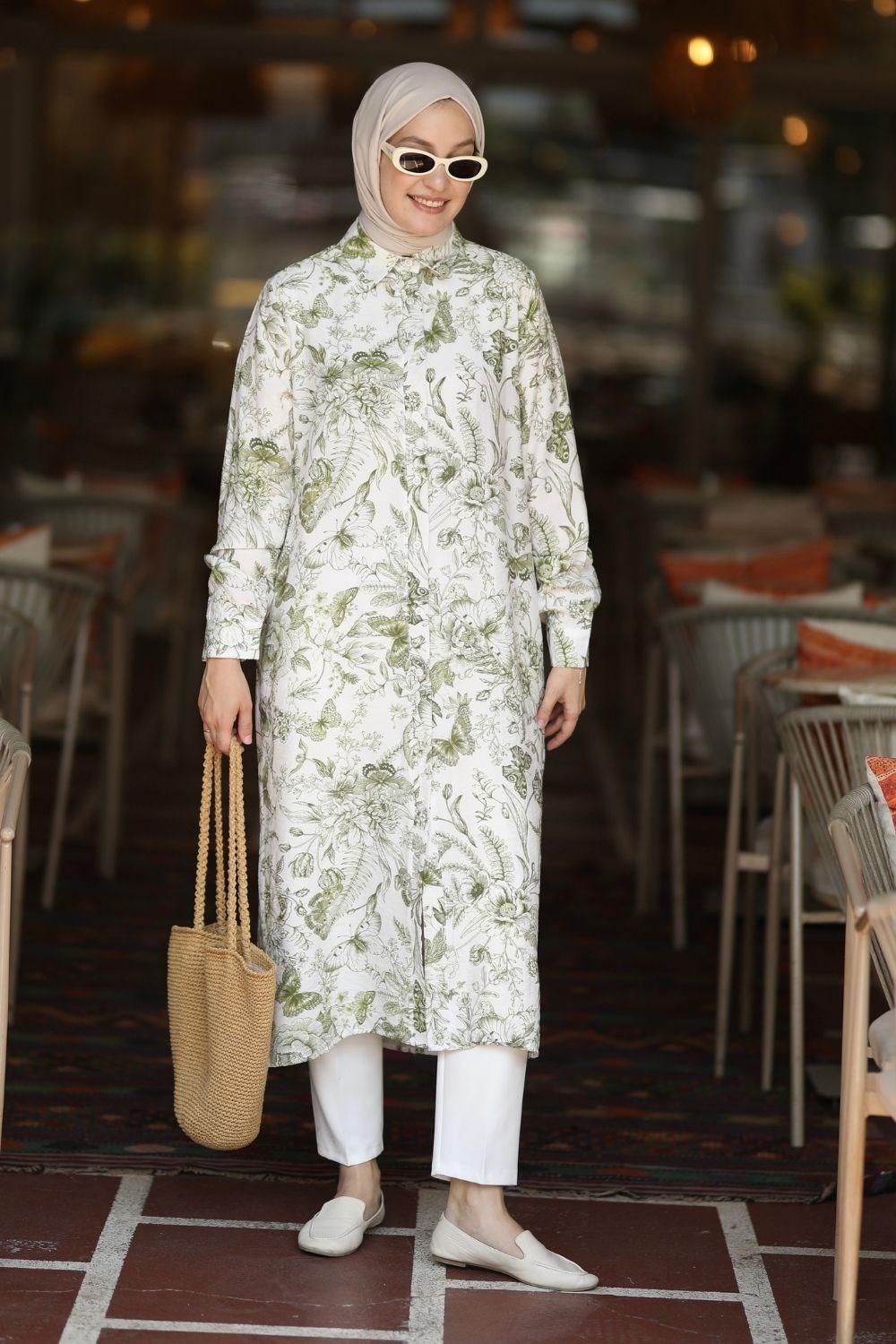 Botanik Desen 120 cm Uzun Tunik Yeşil