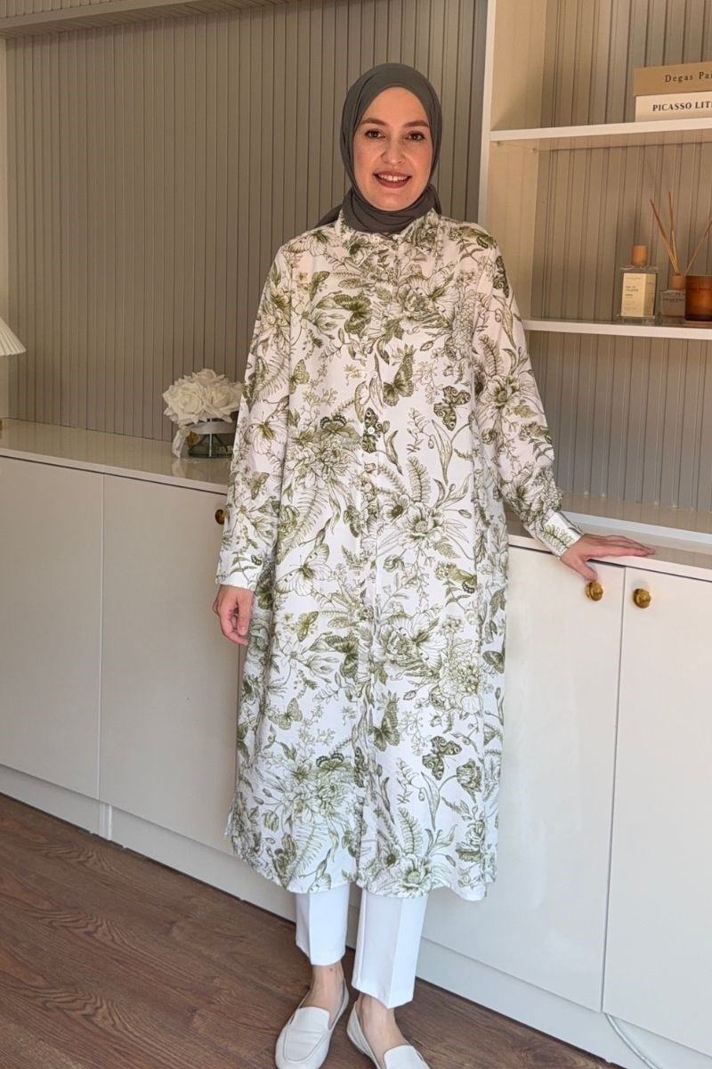 Botanik Desen 120 cm Uzun Tunik Yeşil
