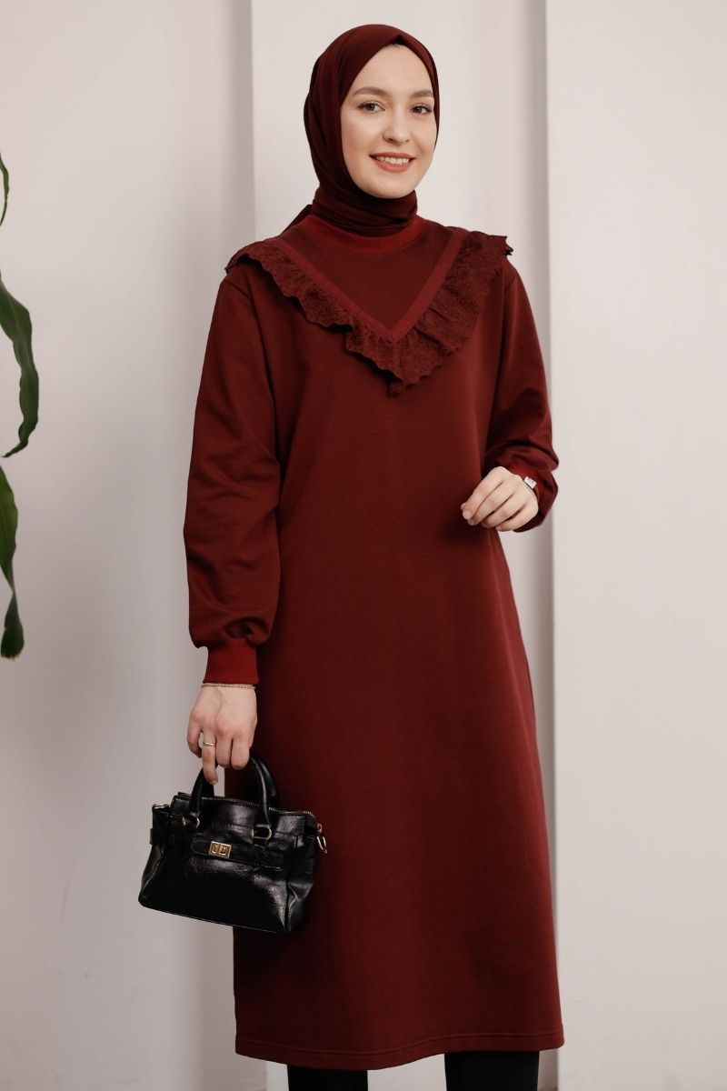 Brode Detaylı Uzun Sweat Bordo