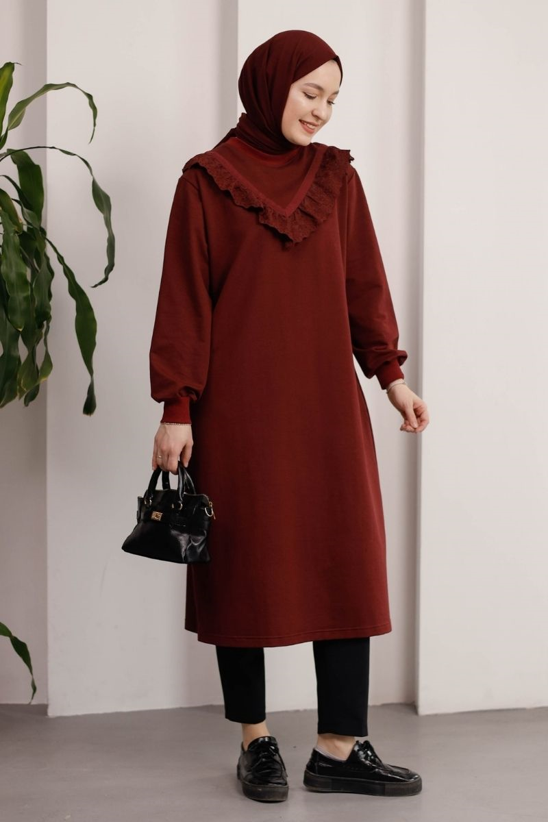 Brode Detaylı Uzun Sweat Bordo