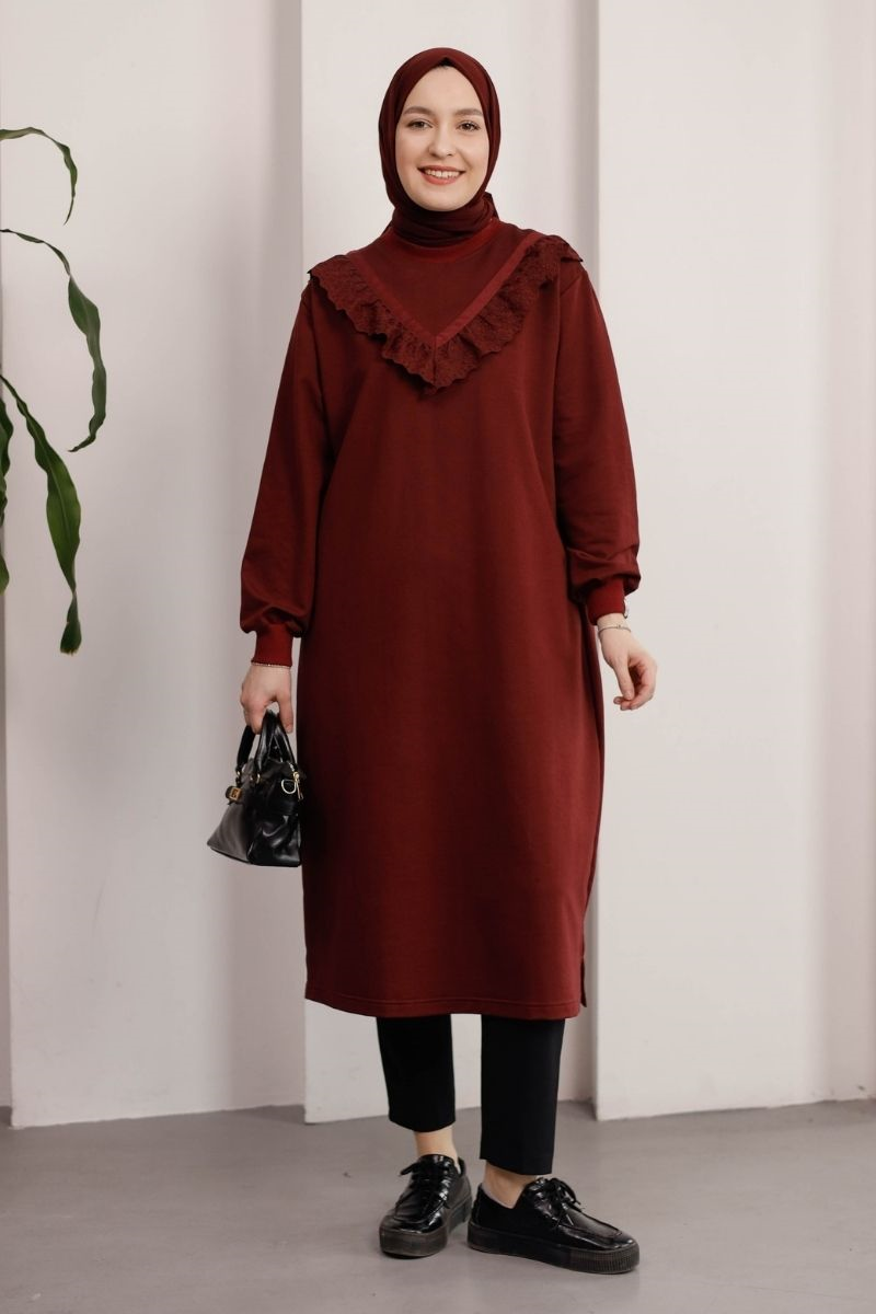 Brode Detaylı Uzun Sweat Bordo