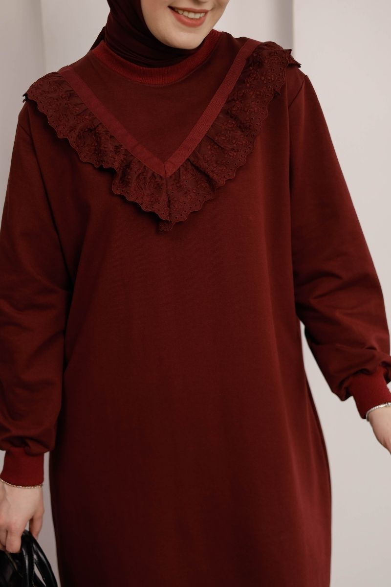 Brode Detaylı Uzun Sweat Bordo
