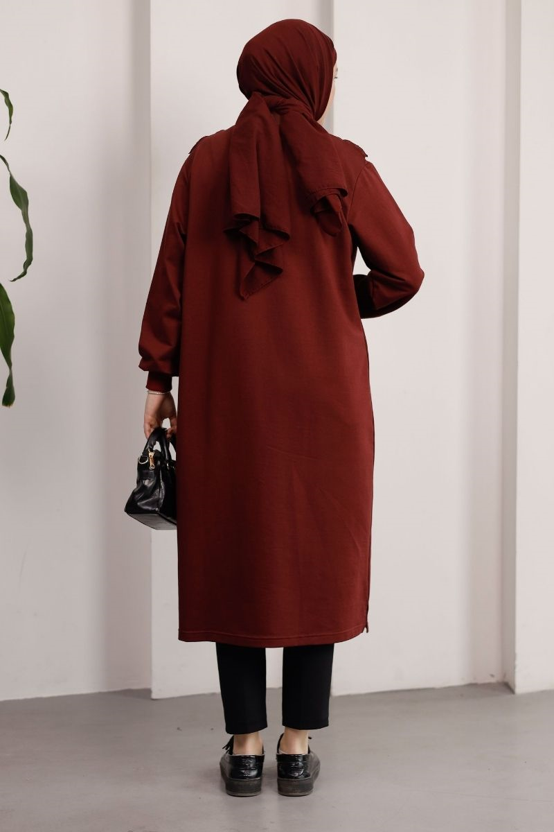 Brode Detaylı Uzun Sweat Bordo