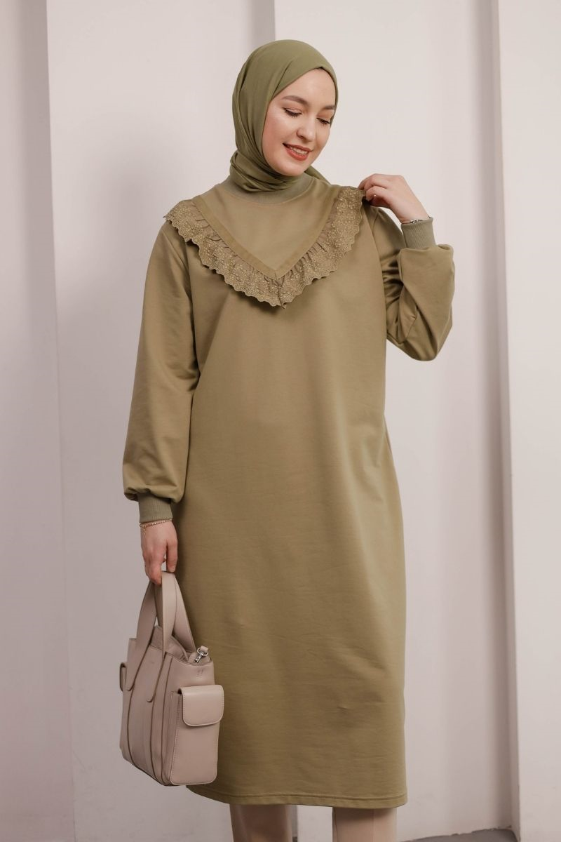 Brode Detaylı Uzun Sweat Soft Çağla