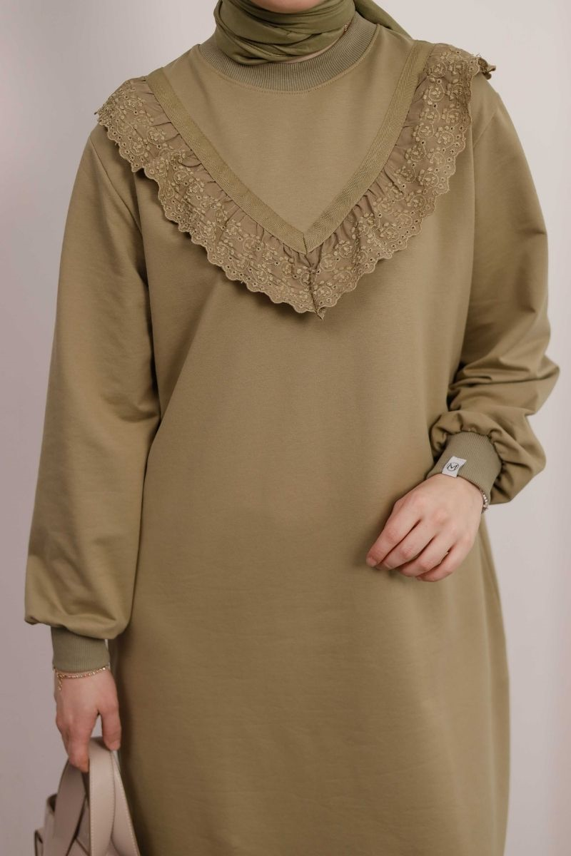 Brode Detaylı Uzun Sweat Soft Çağla