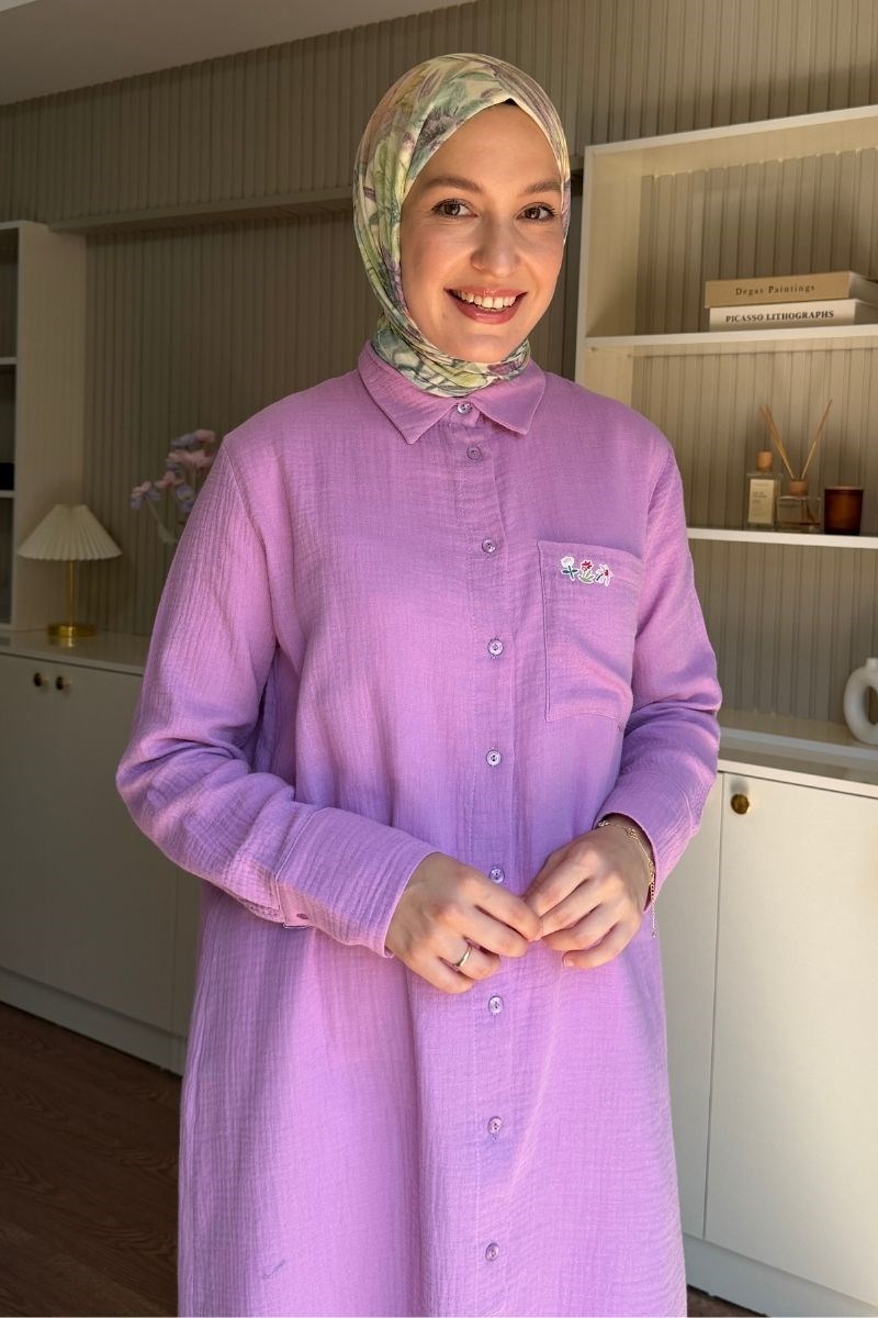 Cebi Nakışlı Müslin Uzun Tunik Lila