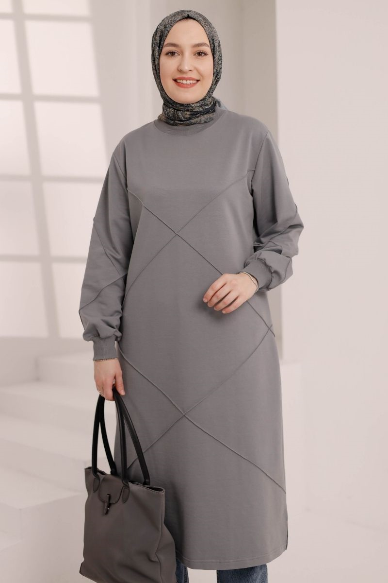 Dikiş Detaylı Uzun Sweat Gri