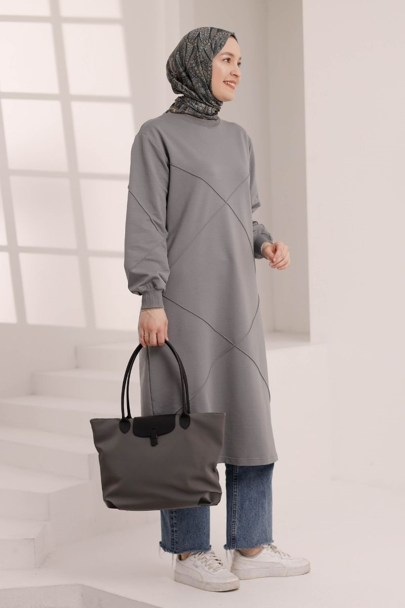 Dikiş Detaylı Uzun Sweat Gri