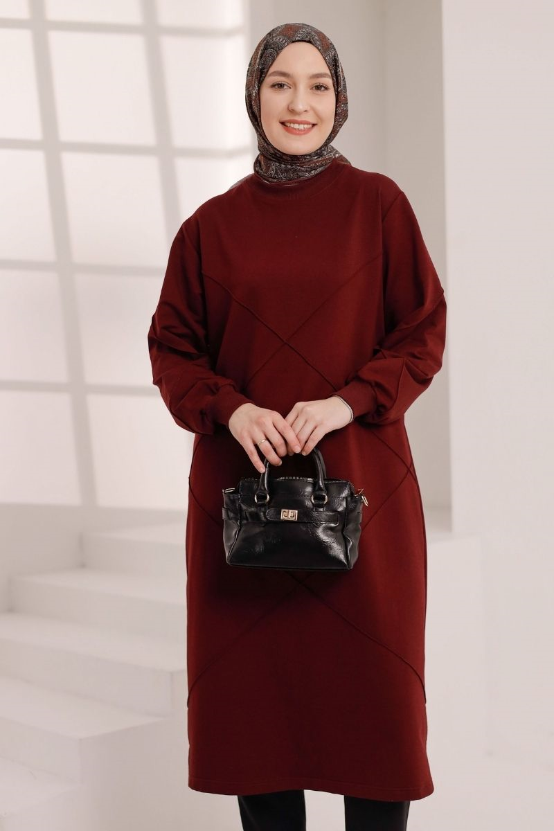 Dikiş Detaylı Uzun Sweat Vişne