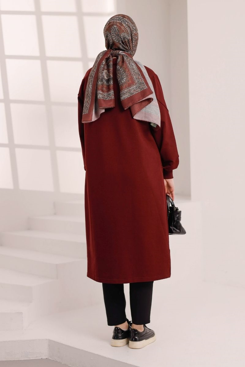 Dikiş Detaylı Uzun Sweat Vişne