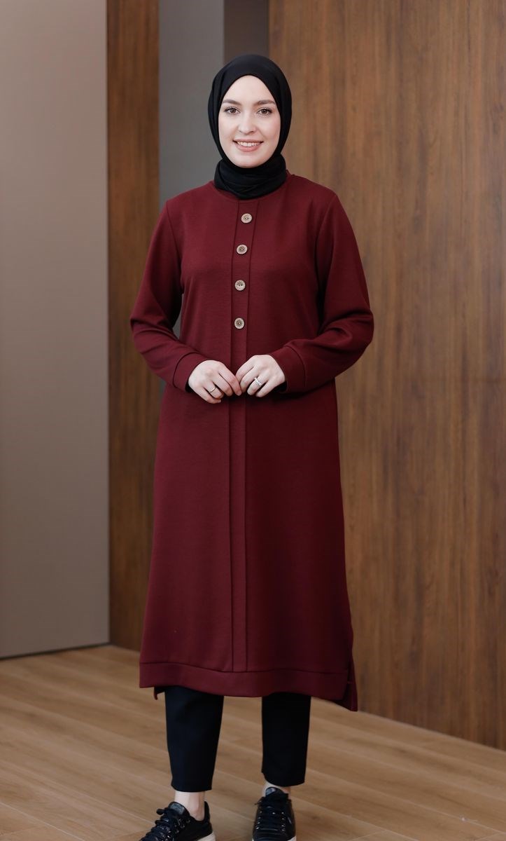 Düğmeli Oysho Uzun Tunik Bordo