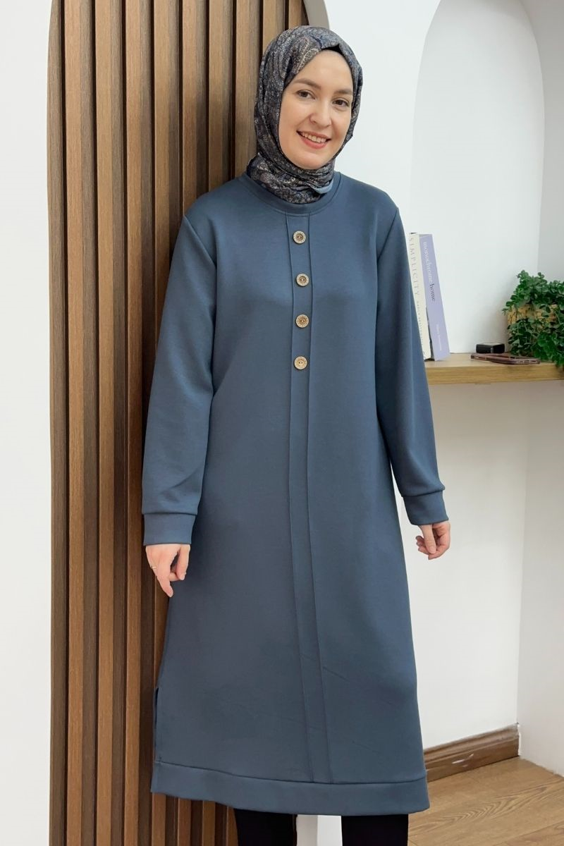Düğmeli Oysho Uzun Tunik Soft İndigo