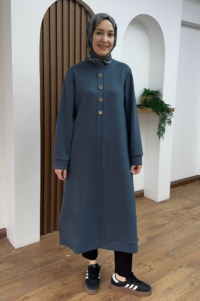 Düğmeli Oysho Uzun Tunik Soft İndigo