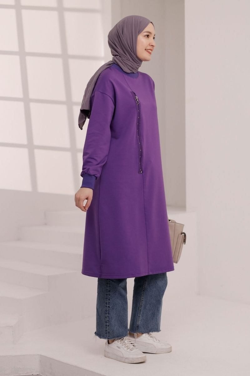 Fermuar Detaylı 110 cm Sweat Mor