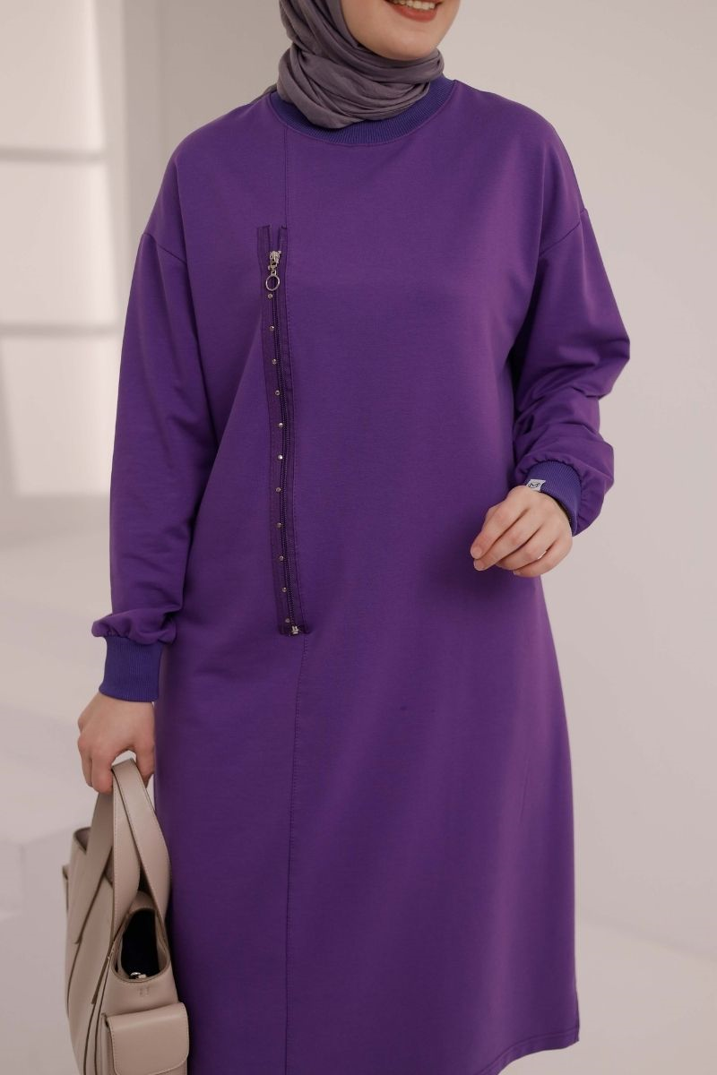 Fermuar Detaylı 110 cm Sweat Mor