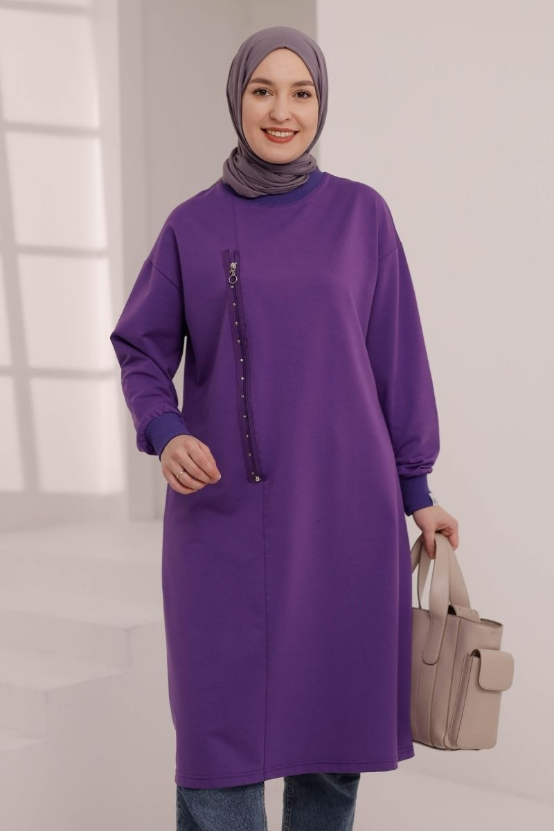 Fermuar Detaylı 110 cm Sweat Mor