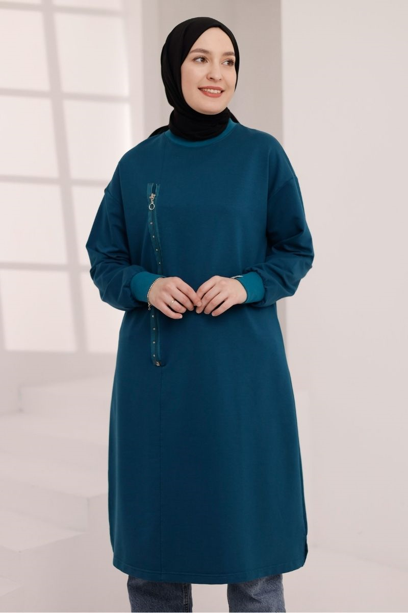 Fermuar Detaylı 110 cm Sweat Petrol