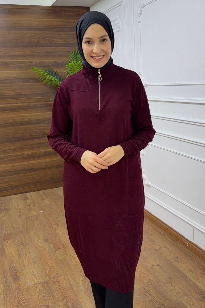Fermuarlı Çiçek Detaylı Triko Bordo