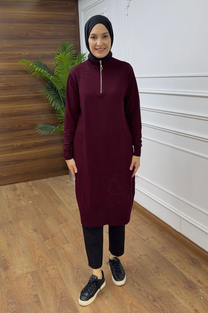 Fermuarlı Çiçek Detaylı Triko Bordo