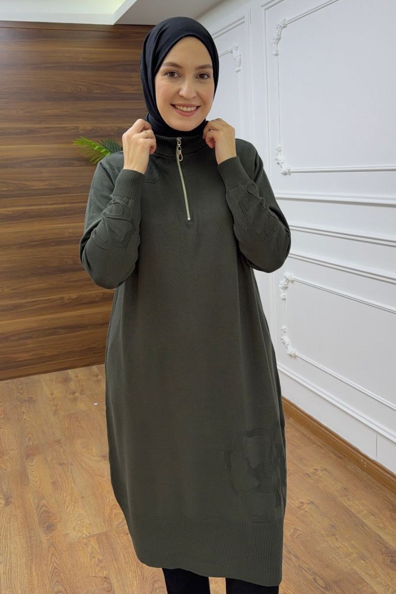 Fermuarlı Çiçek Detaylı Triko Haki