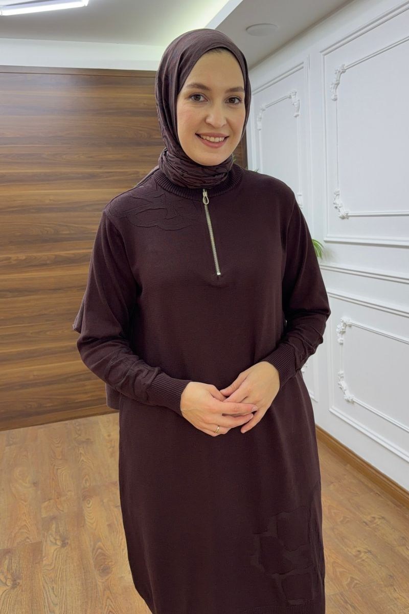 Fermuarlı Çiçek Detaylı Triko Kahve