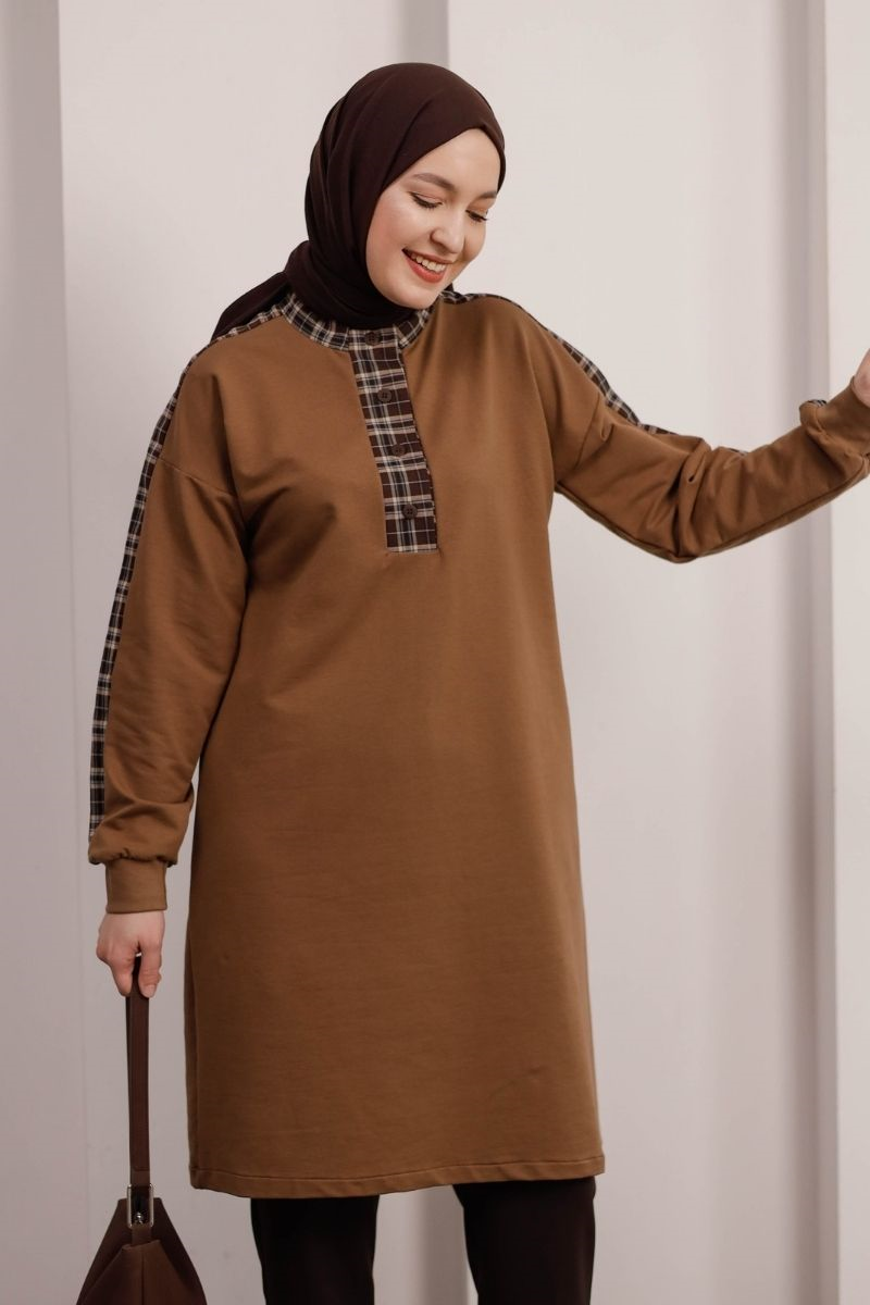 Hakim Yaka Ekose Detaylı Uzun Tunik Camel