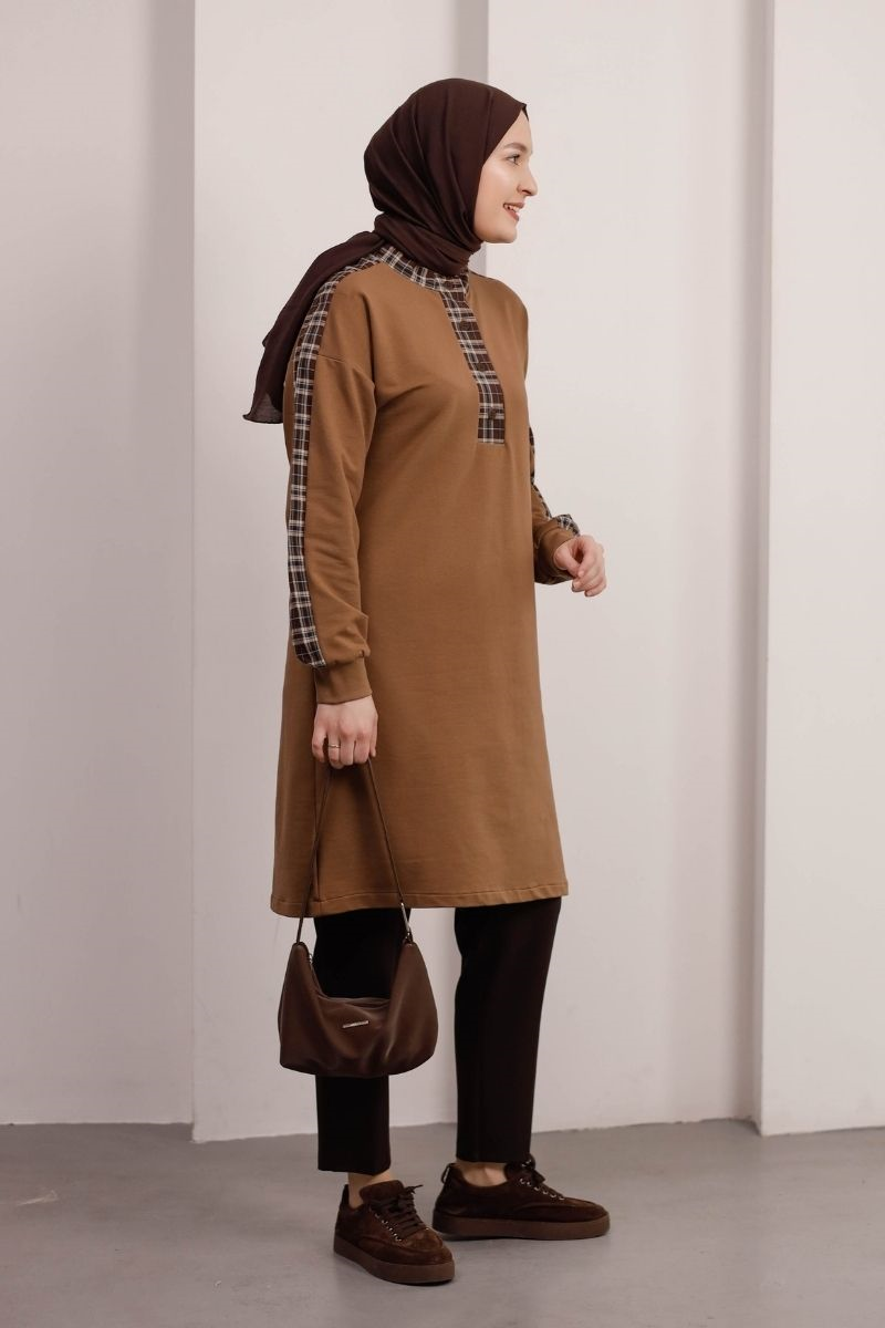 Hakim Yaka Ekose Detaylı Uzun Tunik Camel