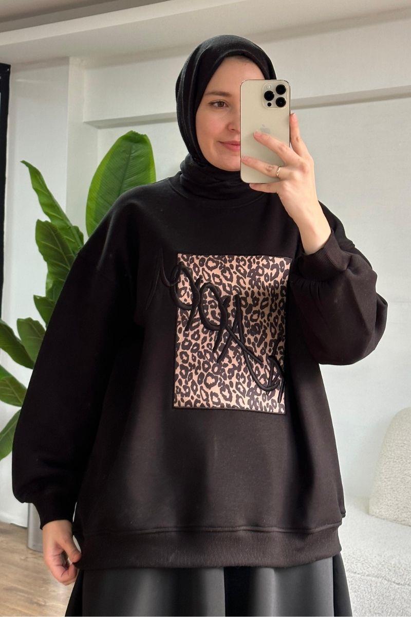 Happy Leoparlı Sweat Siyah