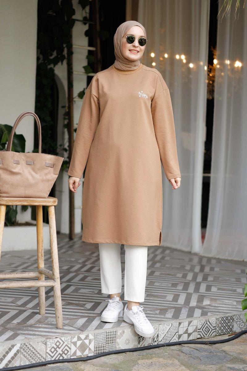 Happy Uzun Nakışlı Sweat Camel