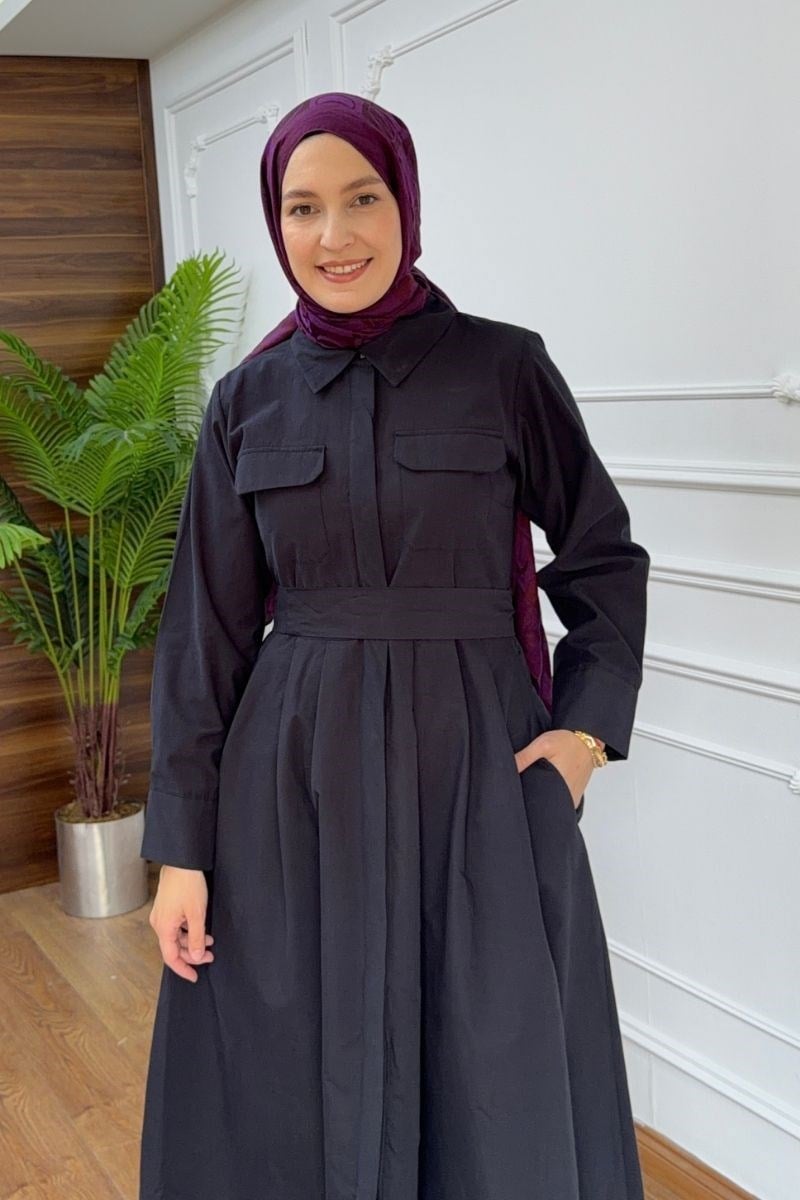 Kemerli Gömlek Elbise Siyah
