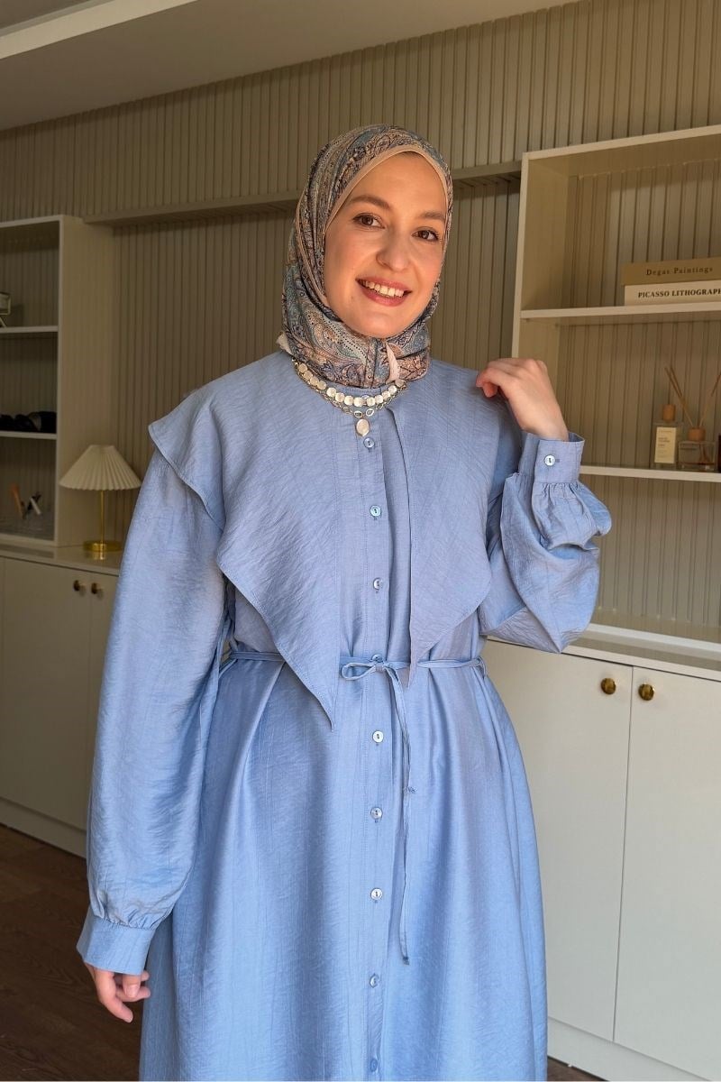 Linda Yakalı Çilek Uzun Tunik Açık Mavi