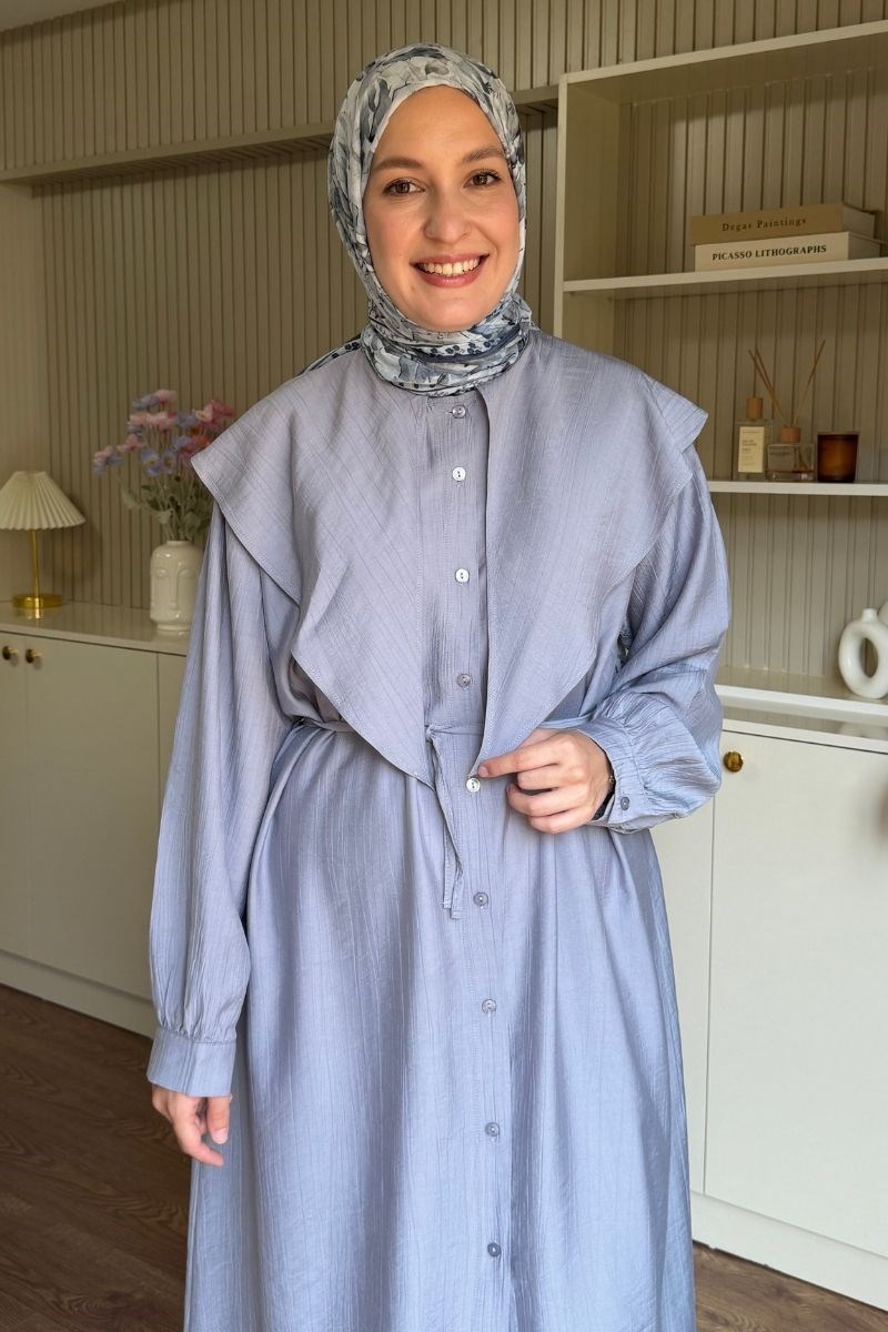 Linda Yakalı Çilek Uzun Tunik Gri