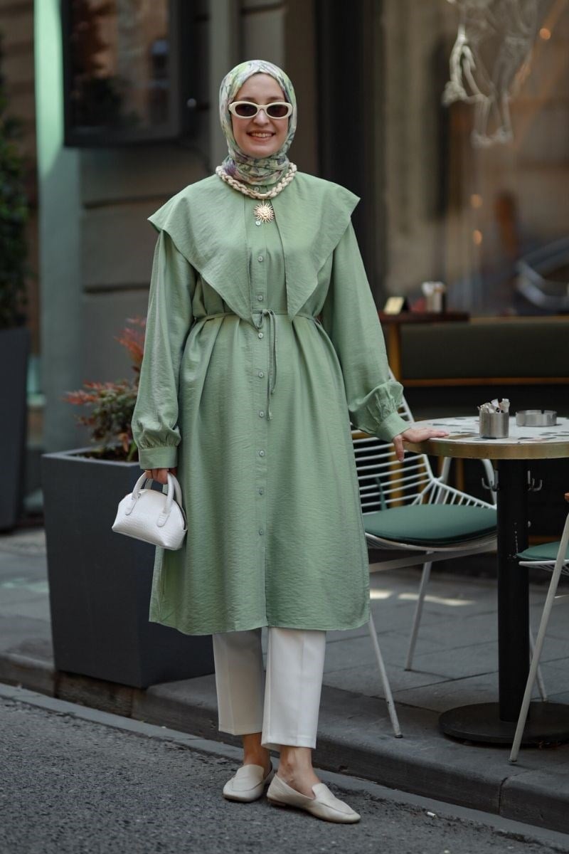Linda Yakalı Çilek Uzun Tunik Mint