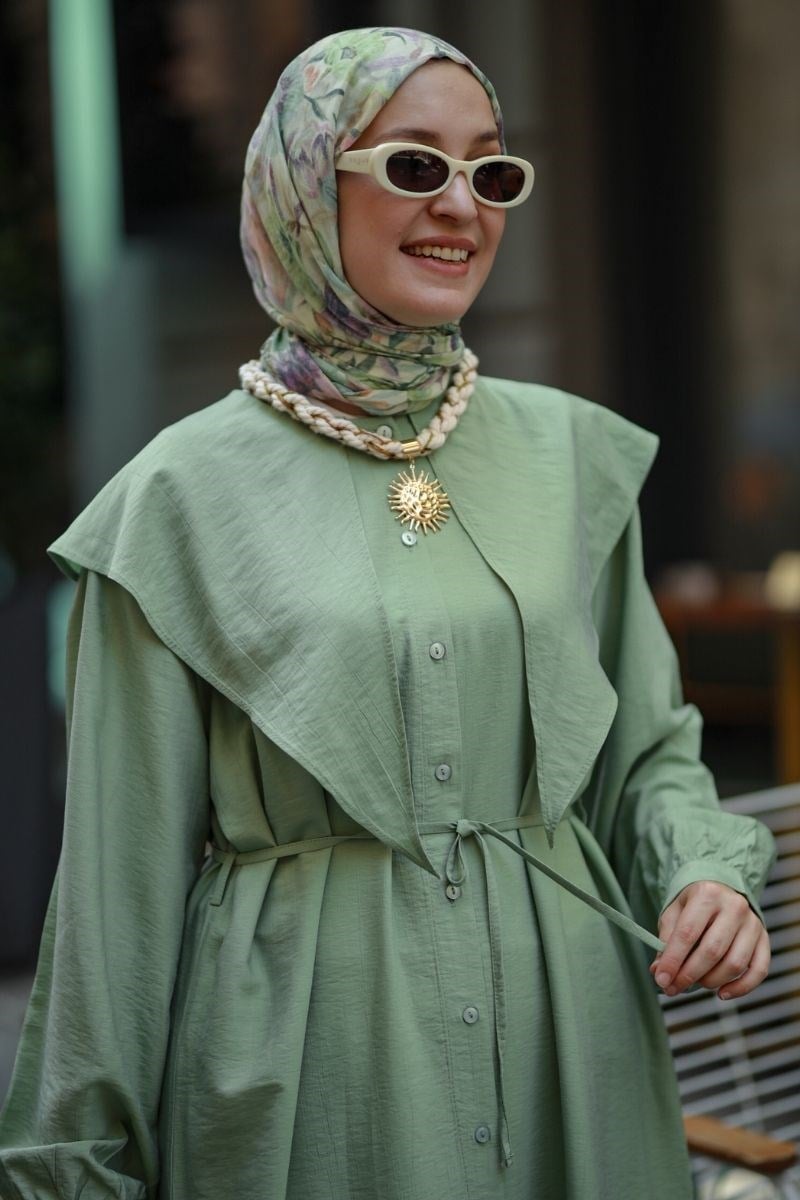 Linda Yakalı Çilek Uzun Tunik Mint