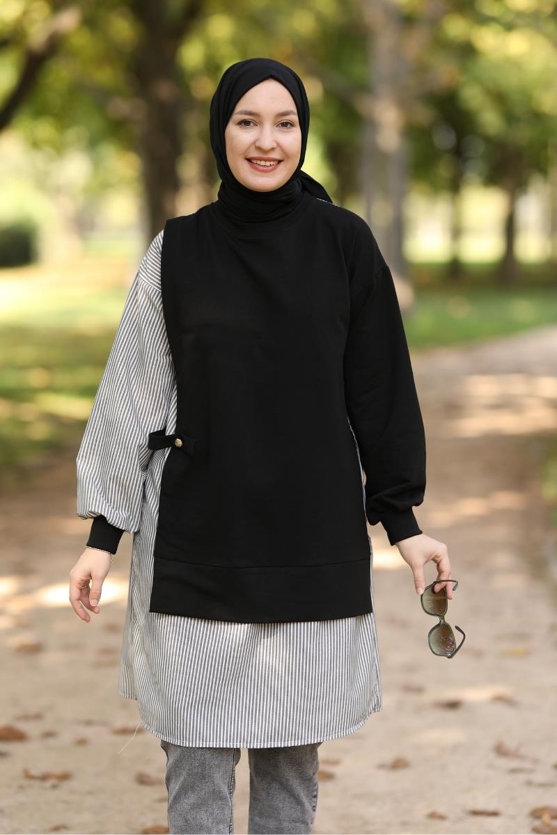 Mila Gofre Detaylı Uzun Sweat Siyah