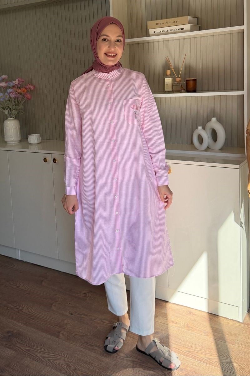 Mimoza Nakışlı Pamuklu Uzun Tunik Pembe