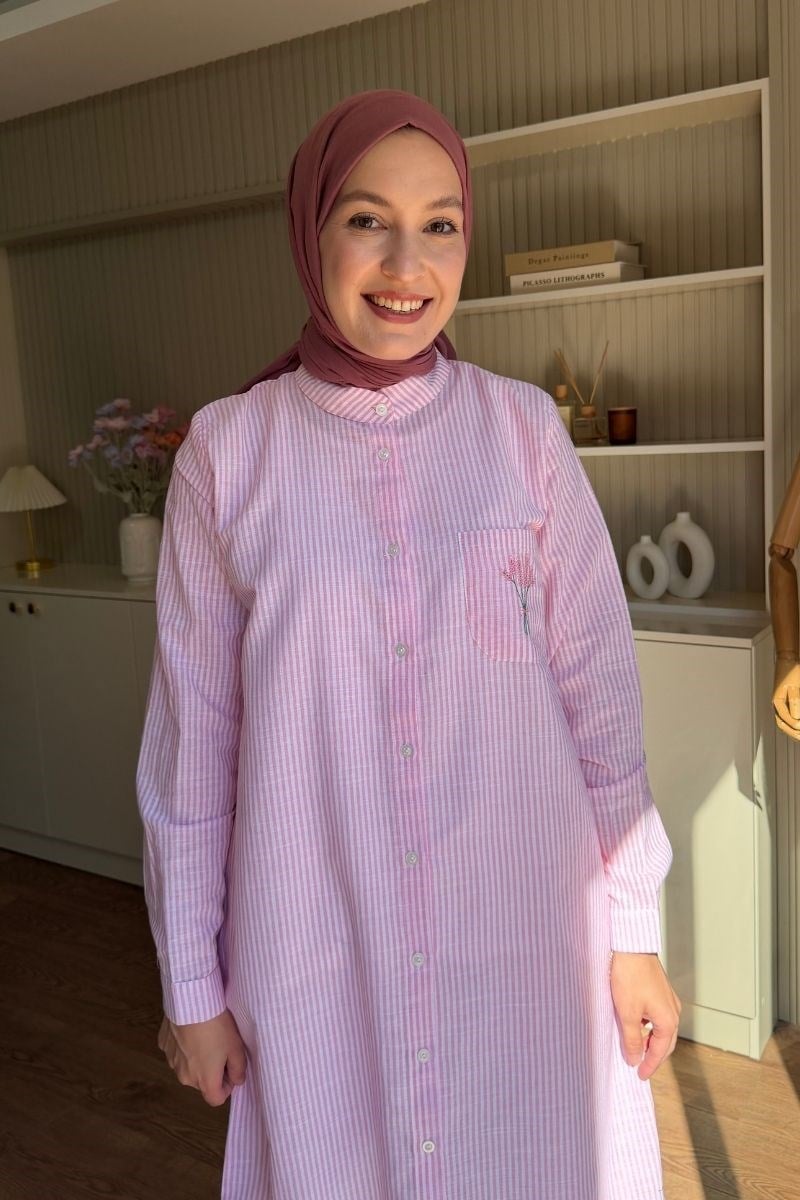 Mimoza Nakışlı Pamuklu Uzun Tunik Pembe
