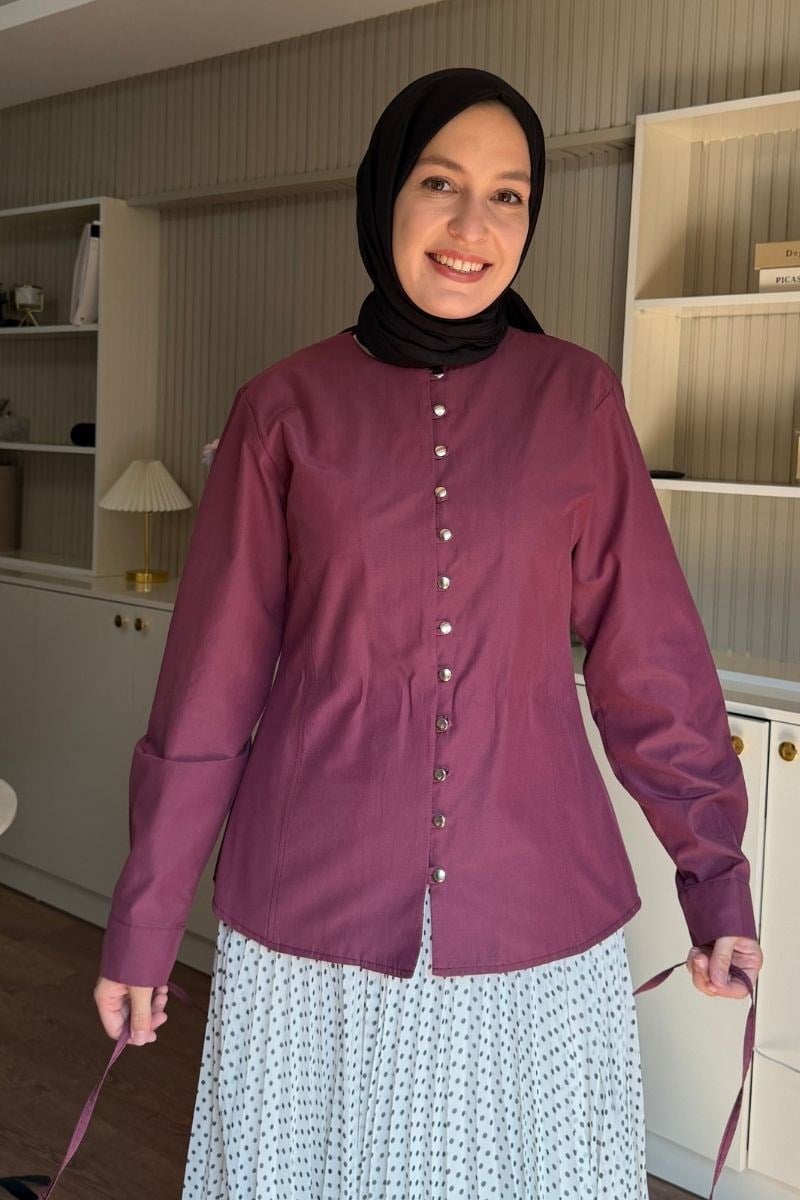Önü Biritli Poplin Gömlek Bordo