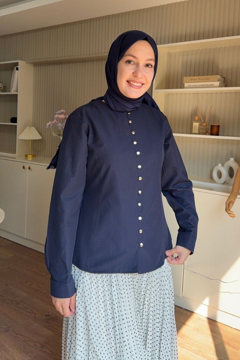 Önü Biritli Poplin Gömlek Lacivert