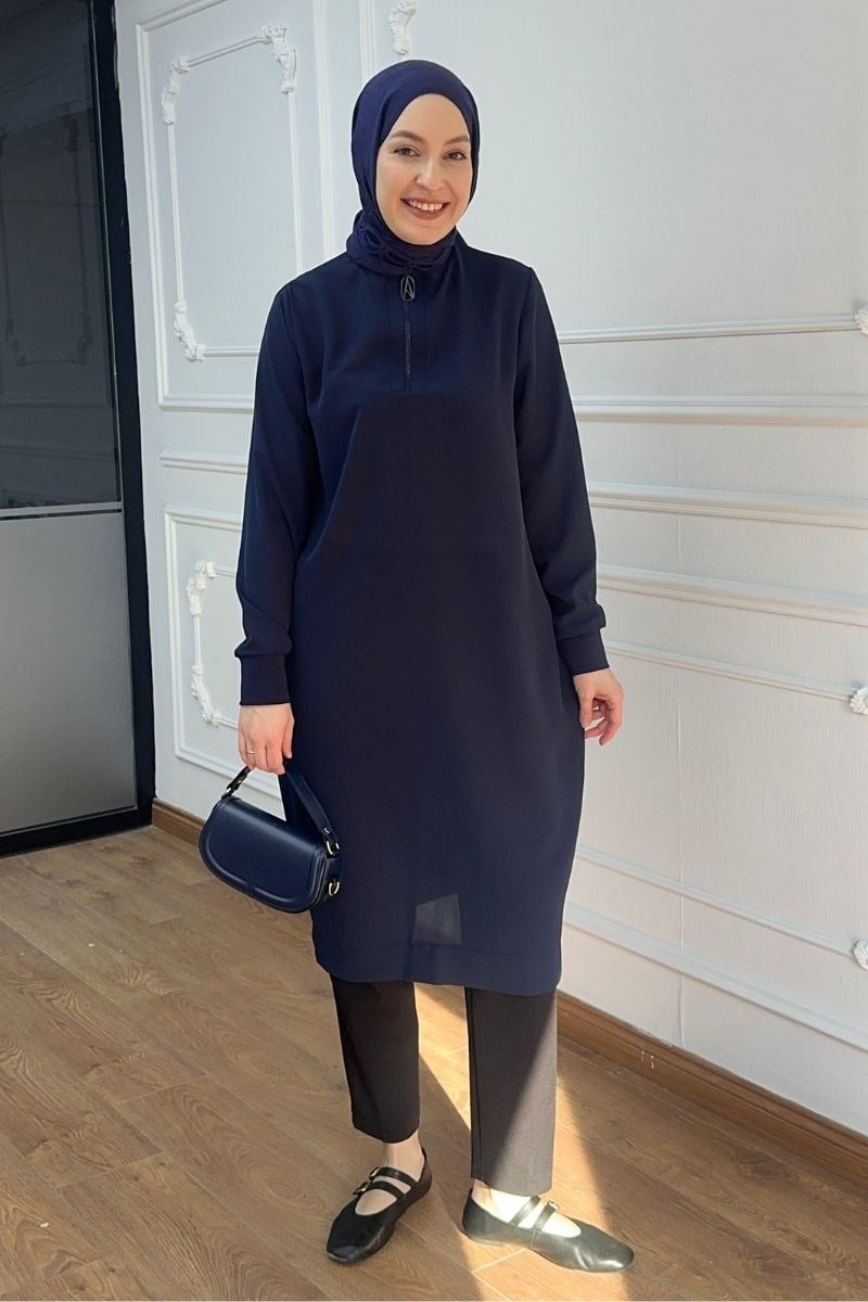 Önü Fermuarlı Basic Tunik Lacivert