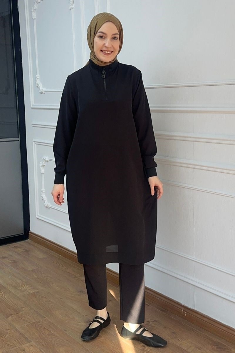 Önü Fermuarlı Basic Tunik Siyah