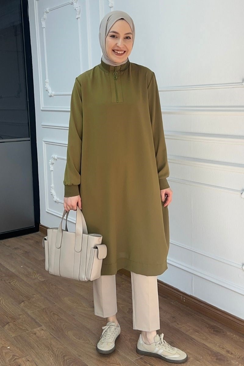 Önü Fermuarlı Basic Tunik Yeşil