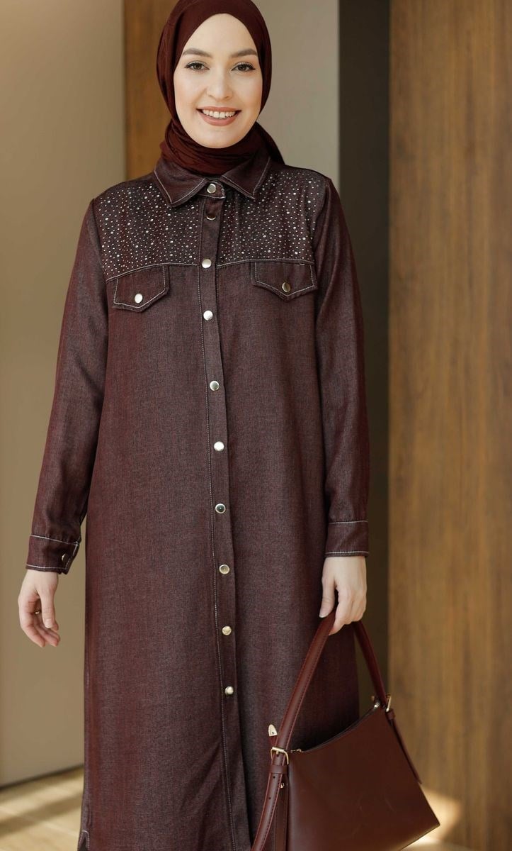 Pul Detaylı Çıtçıtlı Uzun Tunik Bordo