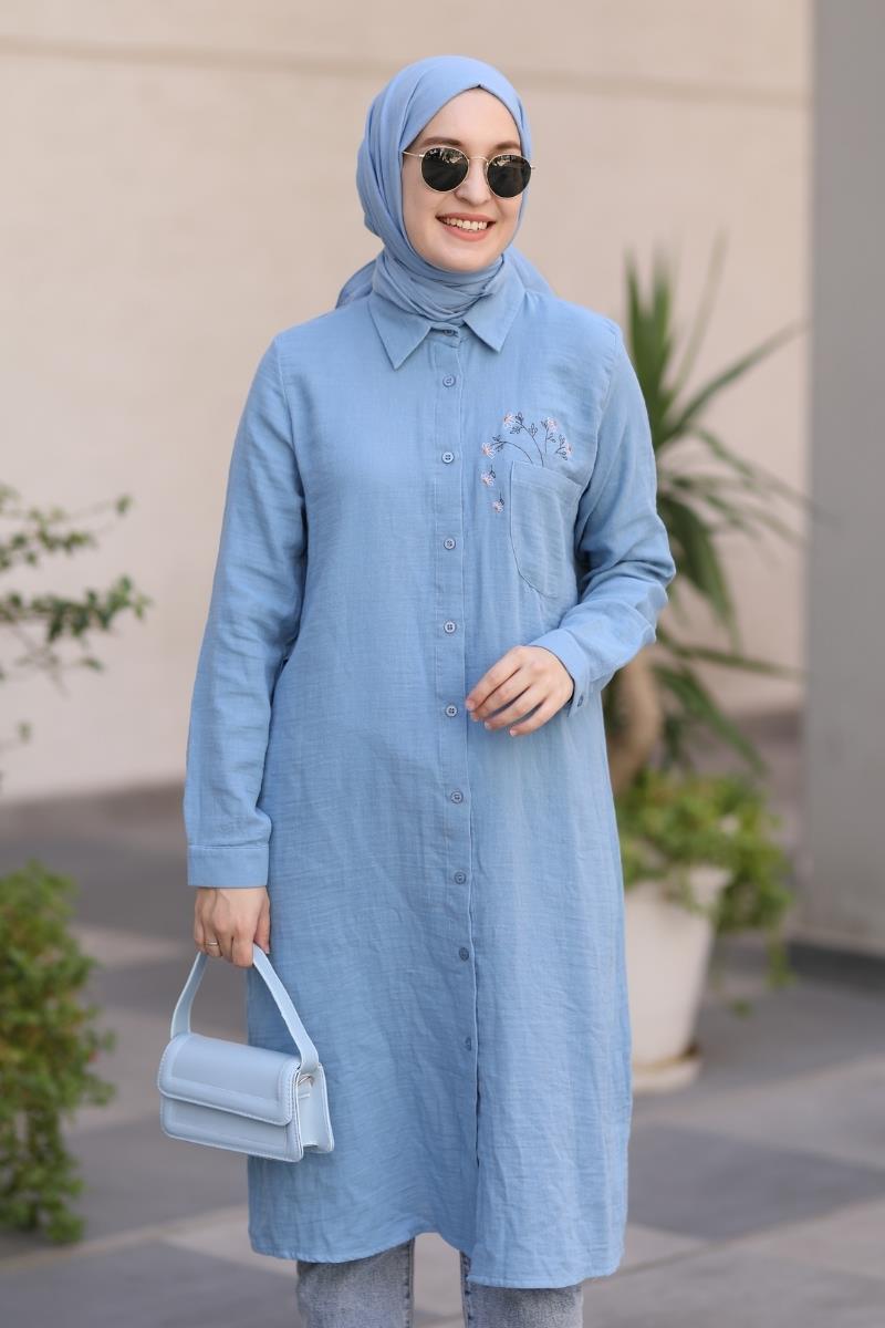 Rosa Nakışlı Müslin Uzun Tunik Mavi