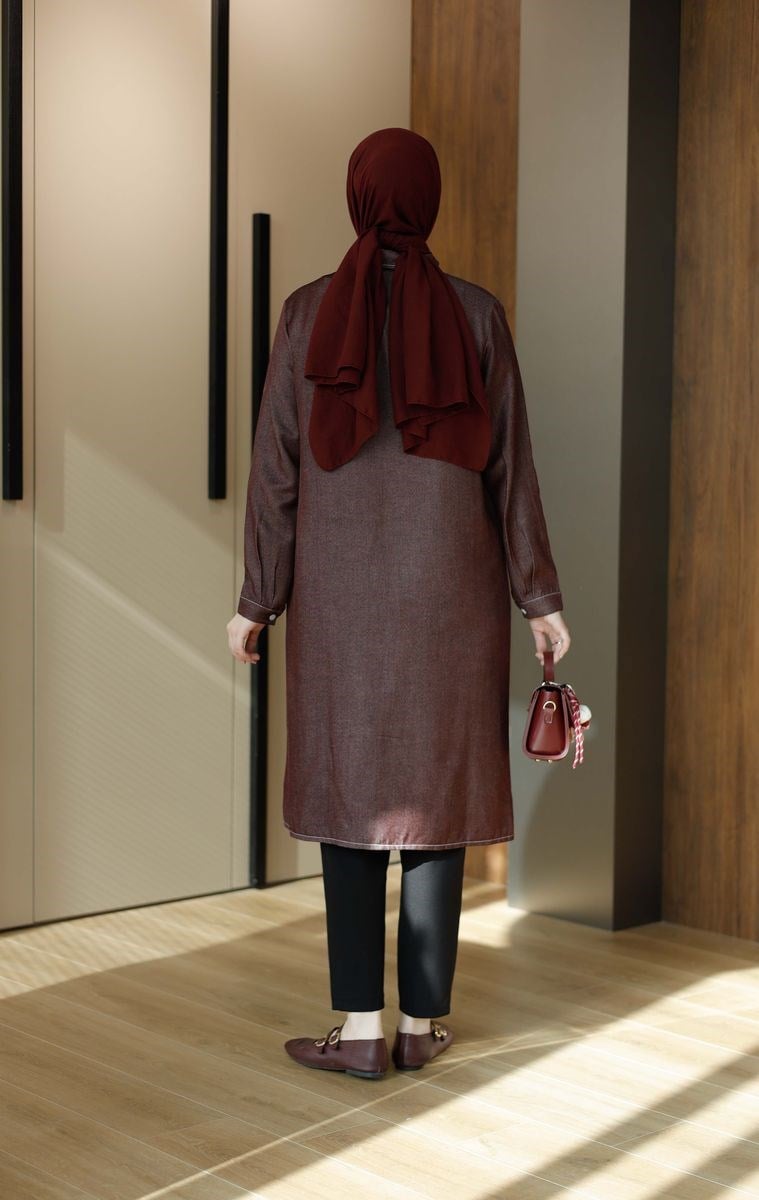 Soft Denim Uzun Tunik Bordo