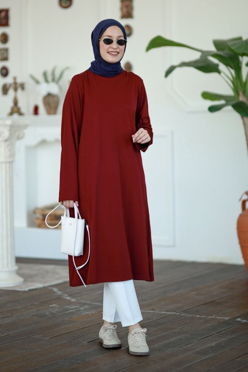 Summer Basic Uzun Tunik Bordo