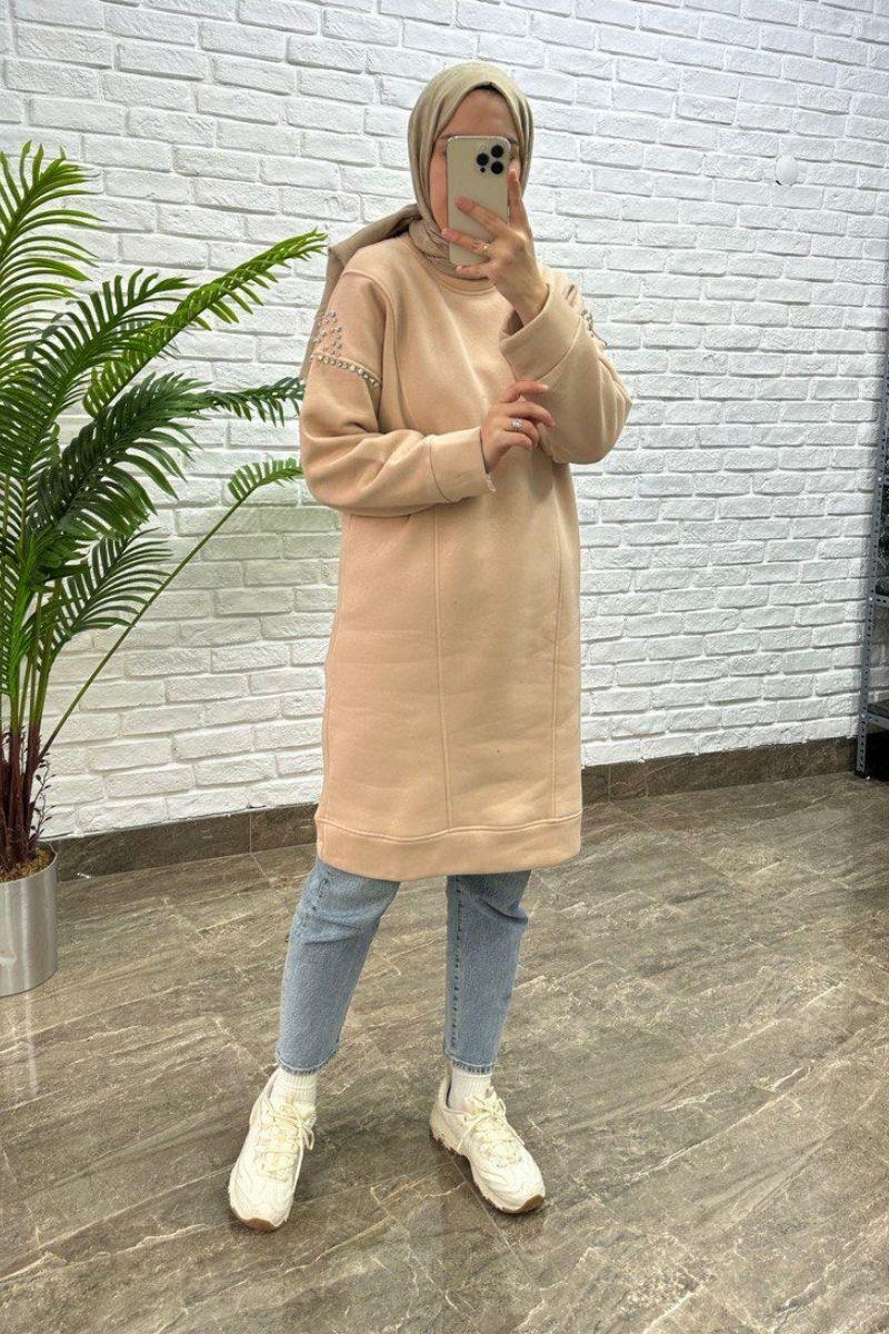 Taş Detaylı İçi Şardonlu Sweat Krem