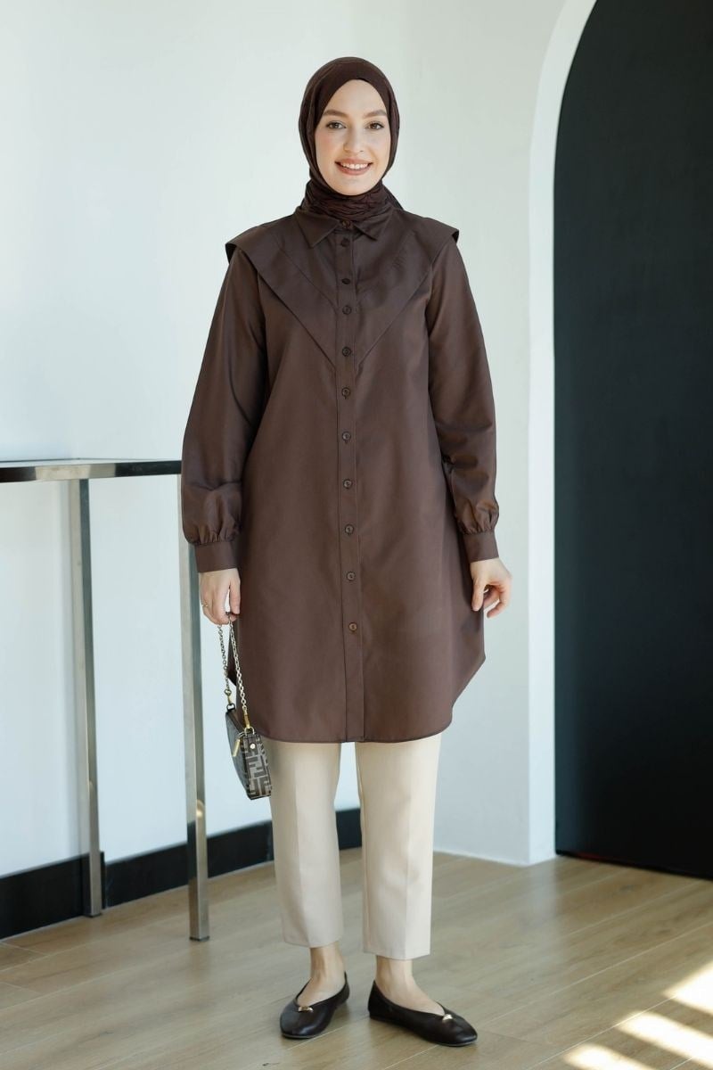 V Allerli Poplin Tunik Kahve