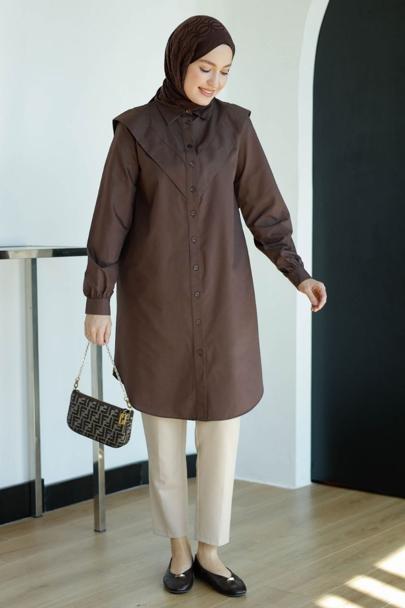 V Allerli Poplin Tunik Kahve