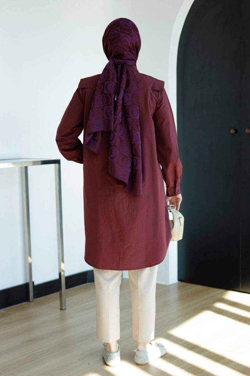 V Allerli Poplin Tunik Mürdüm